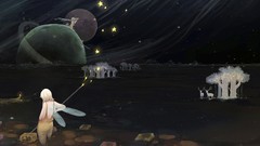 Trees Stars abstract wings white hair planets anime girls