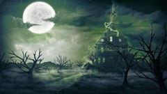 Trees Stars clouds moon haunted house