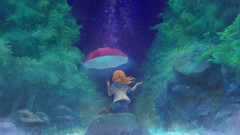 Trees Stars Umbrellas waterfalls rocks outdoors long hair anime 