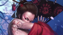 Trees sun woman Chinese skulls tattoos brunettes artwork 