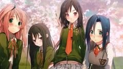 Trees tie red eyes Ribbons schoolgirls skirts blush blue hair 