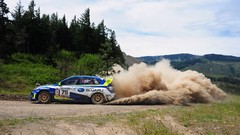 Trees trail dust cars rally Subaru Impreza WRC