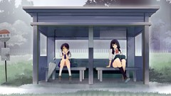 Trees Umbrellas anime girls school uniforms black hair original 