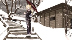 Trees Umbrellas anime girls stairways