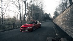 Trees wall red tuning cars Mitsubishi roads stance cities 