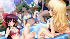 Trees water Anime white hair drinks red eyes blondes blush long 