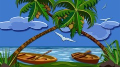 Trees water Boats multicolor vectors coconut tree rowboat