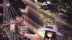 Trees water Books hammock hats long hair anime girls summer 