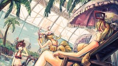 Trees water chairs Umbrellas hats navel palm trees red eyes 