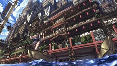 Trees water clouds Boats architecture houses buildings lanterns 