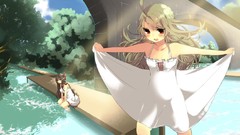 Trees water clouds dress red eyes Bridges sitting blondes anime 