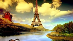 Trees water clouds Eiffel Tower windmills rivers cityscapes 