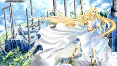 Trees water clouds ruins dress columns lance blondes smiling 