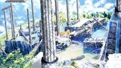 Trees water clouds ruins dress columns sitting lance blondes 
