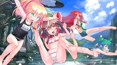 Trees water clouds summer feet hats Ribbons lakes falling 