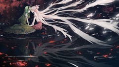 Trees water dark dress horns white hair sitting reflections 