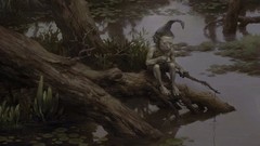 Trees water dark fishing elves digital art fantasy art lily pads