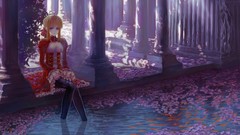 Trees water dress columns blondes anime girls green eyes short 