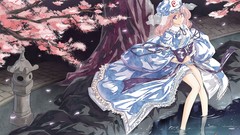 Trees water dress hats sitting pavement bows veil pink hair 