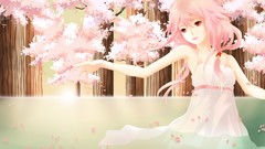 Trees water dress red eyes pink hair smiling long hair anime 