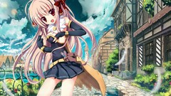 Trees water feathers Anime Flower wall red eyes Ribbons pink 