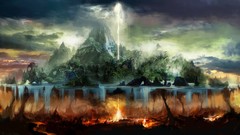 Trees water fire Mountains Lightning hell Islands rocks artwork