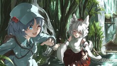 Trees water hats waterfalls white hair Ribbons buildings blue 