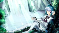 Trees water headphones Plants Anime dress waterfalls Ribbons 