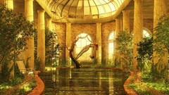 Trees water interior columns castle golden nude statues