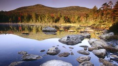 Trees water Mountains white rocks reflections