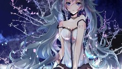 Trees water Shorts sitting shirts long hair anime girls blue 