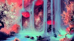 Trees water Umbrellas waterfalls cherry blossoms scenic 