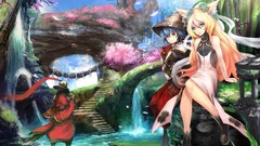 Trees water waterfalls blondes long hair anime girls blue eyes 