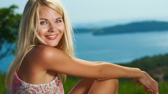 Trees water woman blondes