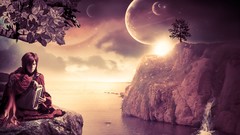 Trees water woman planets musical outer space