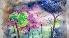 Trees watercolor paintings multicolor forests artwork