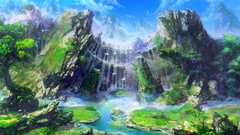 Trees waterfalls cliffs rocks streams rivers artwork fantasy art