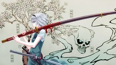 Trees weapons Katana dress samurai ghosts white hair Swords 