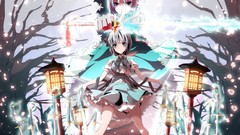 Trees weapons Katana navel white hair Ribbons Swords lanterns 