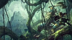 Trees weapons Warriors Temples forests fantasy art