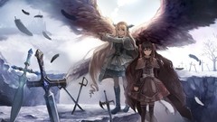 Trees weapons wings feathers dress Knives Ribbons rocks red 