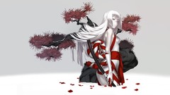 Trees white background white hair Swords scarfs long hair gray 