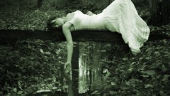 Trees white woman dress lie forests