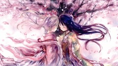 Trees wind Ribbons kimono blondes long hair anime girls closed 