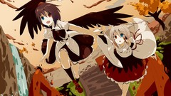 Trees wings hats socks waterfalls white hair red eyes outdoors 