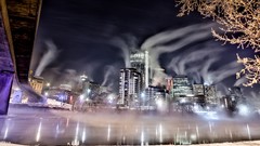 Trees winter night City Lights Bridges reflections buildings 