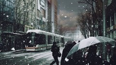 Trees winter tram roads streets cityscapes snowing