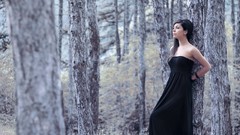 Trees winter woman outdoors brunettes black dress forests