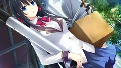 Trees woman Anime schoolgirls skirts anime girls blue eyes 