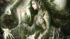Trees woman Birds Fairies elves forests artwork fantasy art